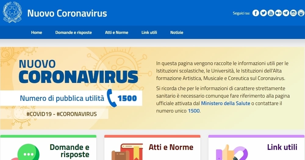 Coronavirus, la pagina informativa del Ministero dell'Istruzione