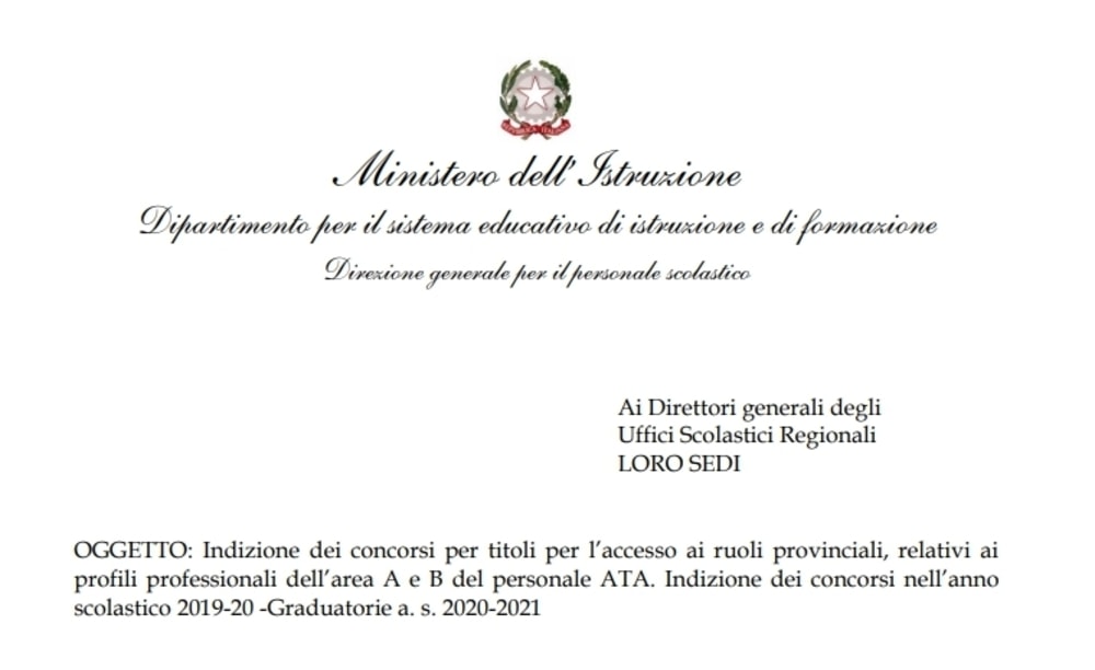 Concorso ATA 24 mesi 2020: la nota del Miur per bando e indizione