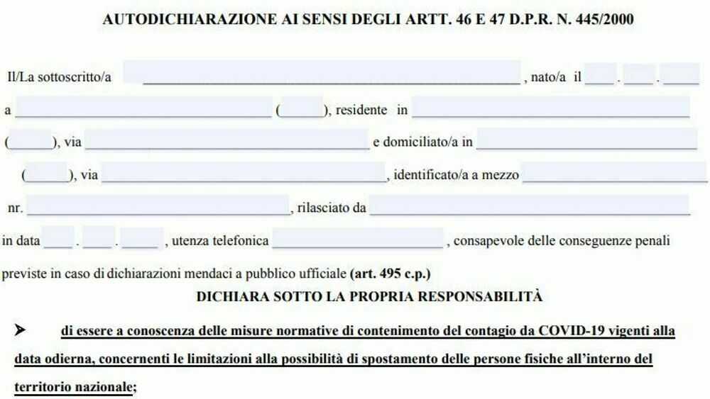 Modulo di autocertificazione per gli spostamenti nelle feste di Natale