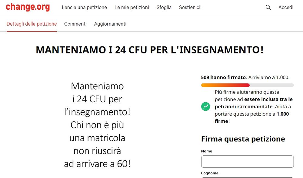 24 CFU, petizione su Change.org per mantenere i crediti formativi