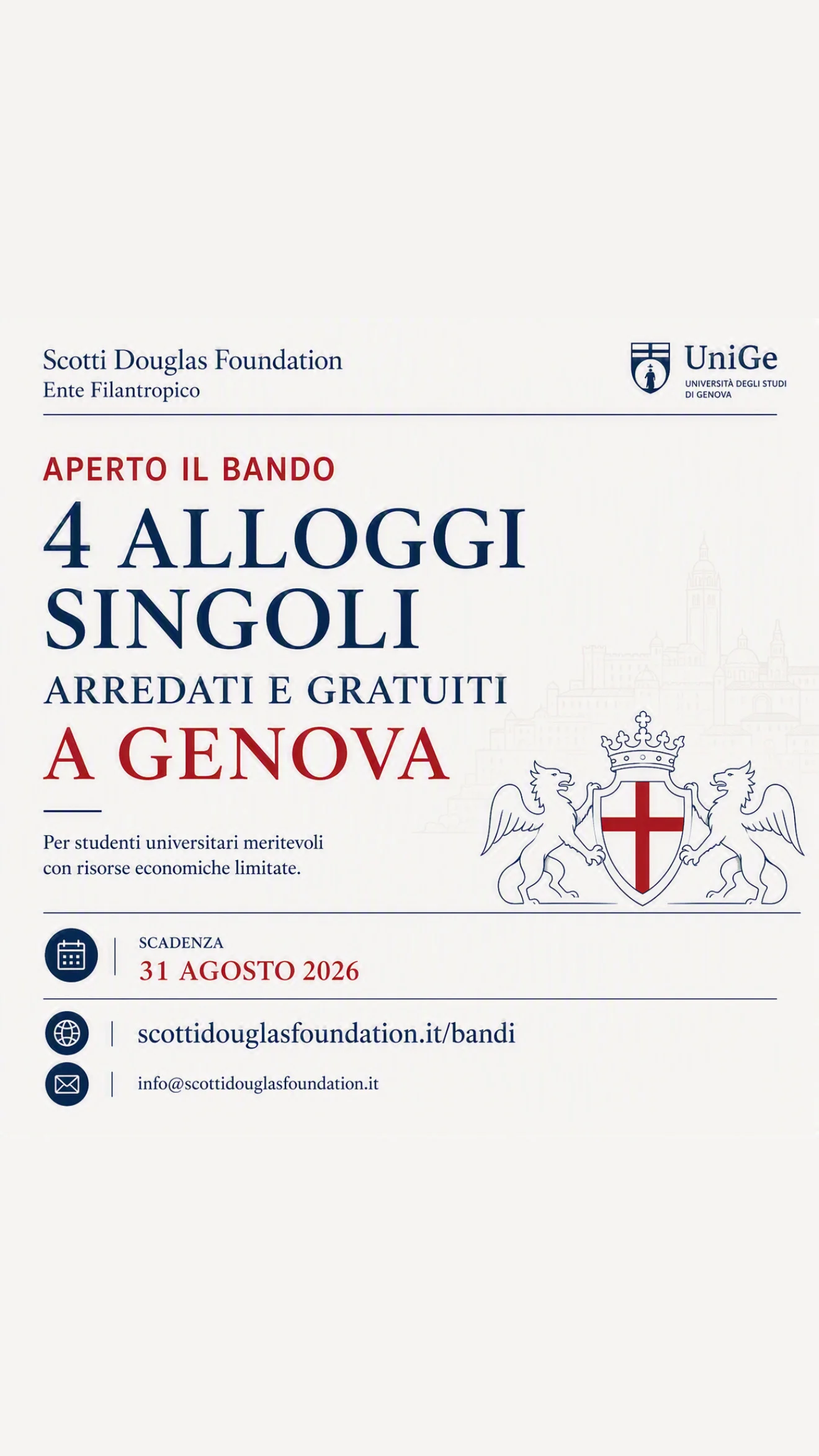 Borse di studio e alloggi gratuiti a Genova: il bando della Scotti Douglas Foundation per il 2026/2027